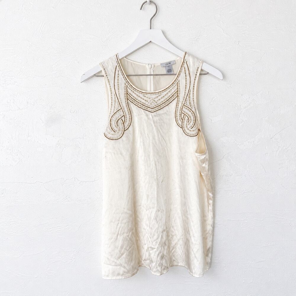 Cache Ivory Silk Embellished Tank Top XL Y2K Glam Embroidered Evening Blouse